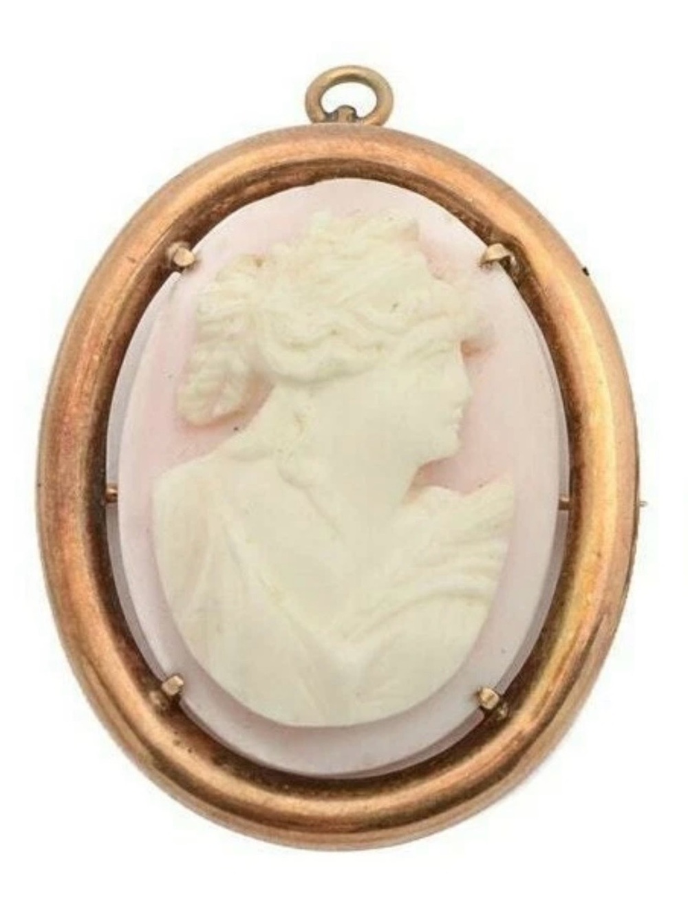 Antique Edwardian 10K Yellow Gold Pink Shell Cameo Converter Brooch Pendant 1910